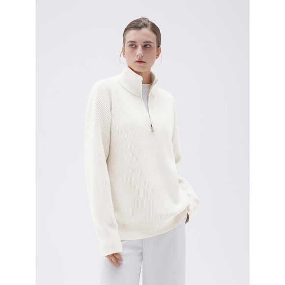Women White Oversized Cashmere Collared Ribbed Long Sleeve Sweater - Picture 5 of 7